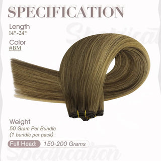 Full Shine balayage brown virgin weft hair extensions, tangle-free Brazilian human hair bundles for soft and natural sew-in styles.