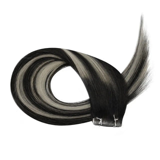 Full Shine black and silver highlights injection tape hair extensions featuring a smooth color transition and comfortable tape application.