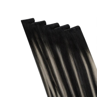 Full Shine black and silver highlights virgin hair injection tape in extensions with cool dimensional tones and a natural salon finish.