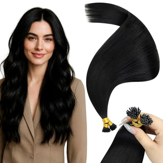 Achieve a seamless, natural look with black I Tip Hair Extensions, made from 100% Remy human hair for a secure, long-lasting application.