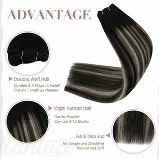Full Shine black and silver highlights virgin weft hair extensions made of 100% Brazilian human hair, soft and natural sew-in bundles with dimensional color blend.