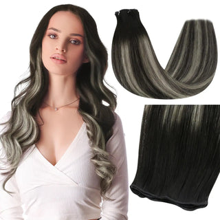 Full Shine Genius Weft Hair Extensions 100% Virgin Human Hair, Balayage Silver Blonde Highlights, Hybrid Weft Extensions, Sew-In Weft Bundles, Soft Silky Hair, Seamless Weft Extensions