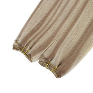 Full Shine blonde lowlights blend virgin weft hair extensions, premium Brazilian human hair for seamless natural blending.