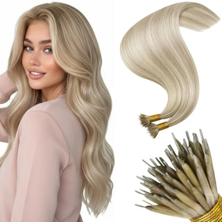 Enhance your natural hair with blonde lowlights in Nano Ring Hair Extensions, made from 100% Remy human hair for a smooth, seamless blend with your own hair.