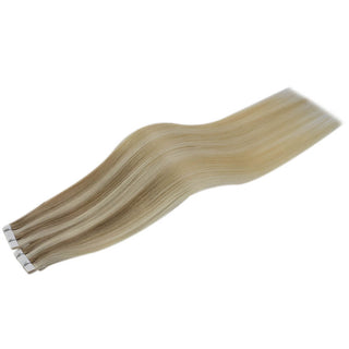 Full Shine blonde lowlights ombre injection tape in extensions provide a natural blend with soft dimensional color.