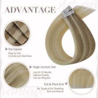 Full Shine blonde lowlights ombre virgin hair injection tape in extensions with dimensional color and a soft salon-quality finish.