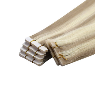 Full Shine blonde lowlights virgin hair injection tape in hair extensions with soft dimensional color and a natural salon finish.