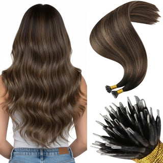Achieve stunning volume and seamless blending with brown balayage highlight Nano Ring Hair Extensions, crafted from 100% Remy human hair for a natural, sun-kissed look.