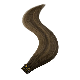 Full Shine brown balayage injection tape hair extensions featuring a smooth color blend and comfortable tape application.