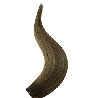 Full Shine virgin hair weft extensions in brown balayage tones, smooth Brazilian human hair bundles for natural dimensional color and volume.