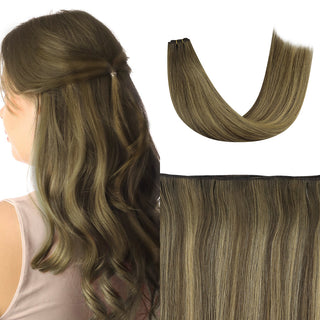 Full Shine brown balayage virgin weft hair extensions made of premium Brazilian human hair, soft and natural-looking sew-in bundles with dimensional color.