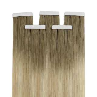 Full Shine brown to blonde ombre injection tape hair extensions featuring a soft color transition and comfortable tape application.