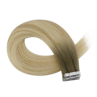 Full Shine brown to blonde ombre injection tape in extensions provide natural blending with soft texture and lightweight wear.