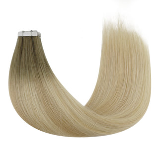 Full Shine brown to blonde ombre virgin hair injection tape in extensions with dimensional color and seamless salon-quality results.