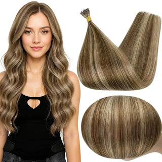 Add natural volume and dimension with brown and blonde highlights in I Tip Hair Extensions, made from 100% Remy human hair for a flawless, seamless blend.