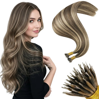Add stunning depth and dimension with brown and blonde highlights in Nano Ring Hair Extensions, made from 100% Remy human hair for a flawless, natural finish.