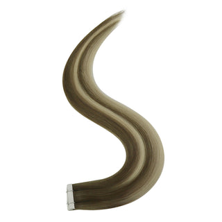 Full Shine cool brown balayage injection tape hair extensions made for professional salon use with a seamless finish.