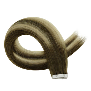 Full Shine cool brown balayage injection tape in extensions provide natural blending with soft texture and lightweight wear.