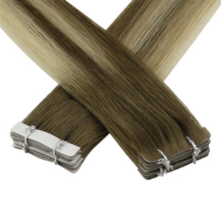 Full Shine cool brown balayage injection tape in hair extensions deliver natural color blending, length, and volume.