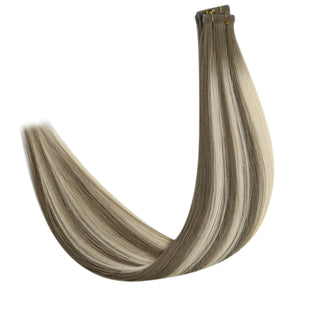 Full Shine cool brown balayage virgin hair injection tape in extensions with dimensional color and a soft salon-quality finish.