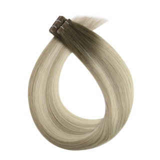 Full Shine cool brown to blonde injection tape in extensions provide natural blending with soft texture and lightweight wear.