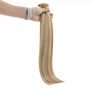 Create a salon-quality look with dark blonde and blonde highlights in U Tip Hair Extensions, offering high-quality Remy hair for a luxurious, natural style.