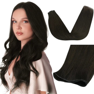 Full Shine dark brown genius weft virgin hair extensions designed for seamless installation and natural salon blending.