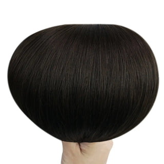 Full Shine genius weft dark brown virgin hair extensions made with premium Brazilian virgin hair for salon use.