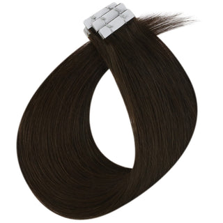 Full Shine dark brown injection tape hair extensions provide natural color blending and a comfortable seamless application.