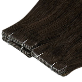 Full Shine dark brown injection tape in hair extensions featuring a seamless blend with natural-looking virgin hair.
