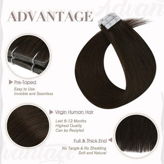 Full Shine dark brown virgin hair injection tape in hair extensions with a thin design for comfortable and natural salon styling.