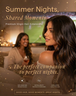 model with silky hair extensions styled for football watch party showing effortless glam hairstyle under soft evening light luxury campaign aesthetic