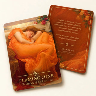 Full Shine Flaming June collector cards featuring the iconic orange portrait and a matching art-inspired story card.