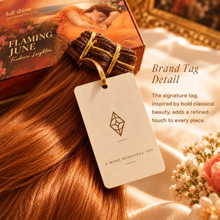 A cream Full Shine brand tag with the signature diamond emblem attached to a copper-red hair extension bundle inspired by Flaming June.