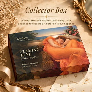 Full Shine Flaming June hair extension gift box featuring a classical portrait in vibrant orange tones with floral artwork.