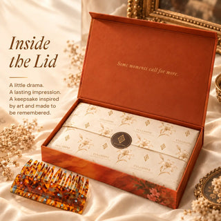 An open Full Shine The Bridesmaid gift box featuring cream branded tissue paper, a matching round seal sticker, and a pearl hair accessory.