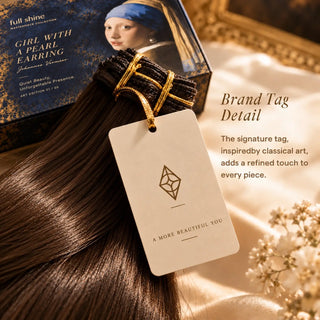 A cream Full Shine brand tag with the signature diamond emblem attached to a dark brown hair extension bundle inspired by Girl with a Pearl Earring.