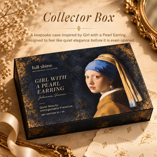 Full Shine The Bridesmaid hair extension gift box featuring a red-haired portrait and elegant gold botanical details on a deep navy background.