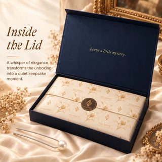 An open Full Shine Girl with a Pearl Earring gift box displaying cream branded tissue paper, a matching round seal sticker, and a pearl hair accessory.