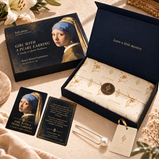Full Shine Girl with a Pearl Earring packaging collection featuring the themed gift box, open packaging, collector cards, and coordinated hair accessories.