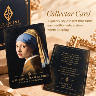 A Full Shine story card inspired by Girl with a Pearl Earring, featuring an art-inspired message and elegant decorative design.