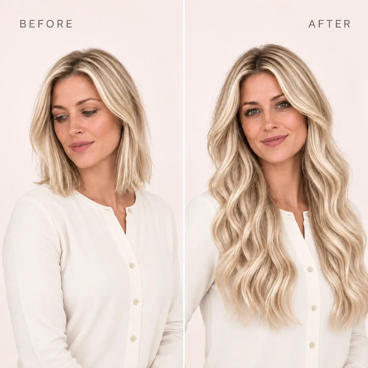 Full Shine hair extensions before and after transformation showing natural hair volume, fuller hair, seamless blend and beautiful hair extensions results