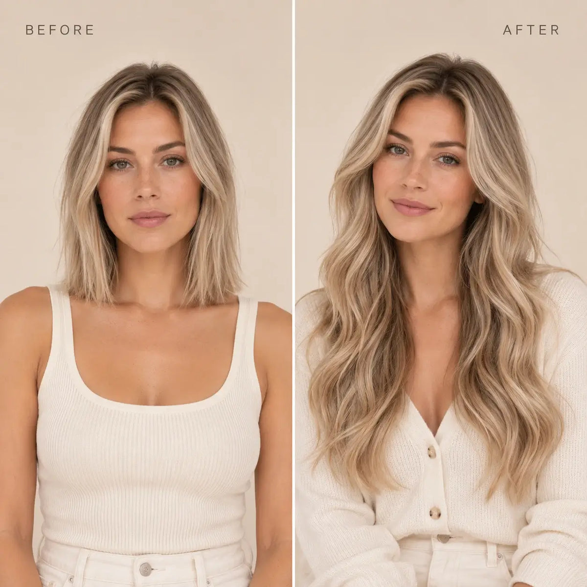 Full Shine hair extensions before and after showing longer hair length, natural looking extensions, seamless hair blend and enhanced hairstyle transformation