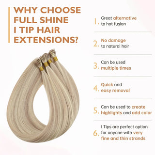 Full Shine heat-free reusable I Tip Hair Extensions made from virgin human hair in Pink Blonde Lowlights with soft silky texture and healthy thick ends.
