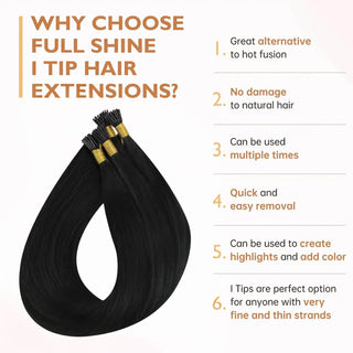 Full Shine Human Hair I Tip Extensions in Jet Black #1 help create fuller-looking hair with soft movement and healthy thick ends.