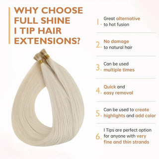 Full Shine Human Hair I Tip Hair Extensions in Bleach Blonde #60 provide a seamless blend, silky texture, and healthy thick ends.