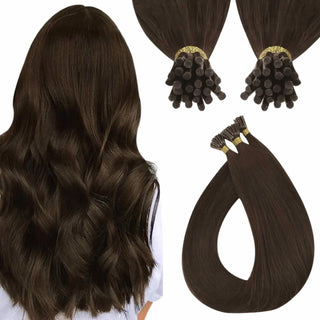 Full Shine I Tip Hair Extensions made from 100% virgin human hair in Medium Brown #4 for a natural blend, soft texture, and salon-quality results.