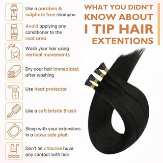 Full Shine I Tip Human Hair Extensions in Off Black #1B create a natural look with soft silky texture, healthy ends, and long-lasting wear.