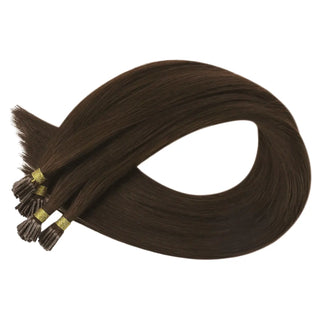 Full Shine Lightweight I Tip Hair Extensions made from virgin human hair in Medium Brown #4 provide soft texture, natural shine, and reusable wear.