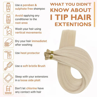 Full Shine Micro Bead I Tip Hair Extensions made with virgin human hair in Bleach Blonde #60 offer a secure, heat-free, and reusable application.